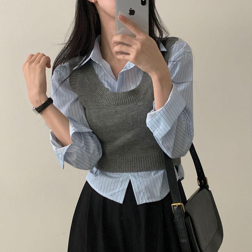 Striped Shirt / Plain Cropped Sweater Vest Product Image