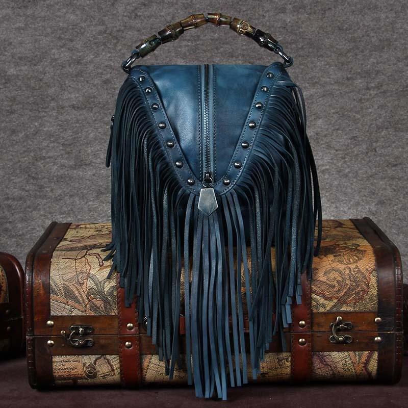 Western Me Bamboo Handle Fringed Leather Crossbody Handbag Product Image