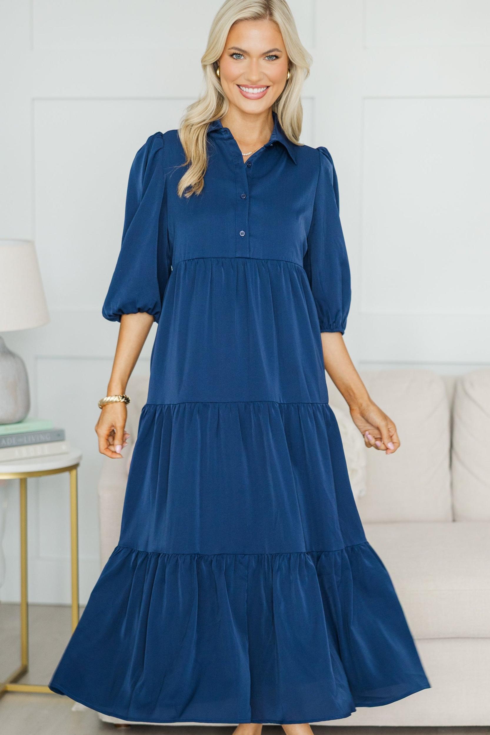 NURSING COLLECTION: Love Found Navy Blue Tiered Midi Dress Female Product Image