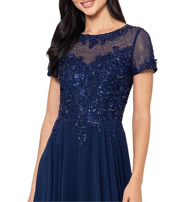 Xscape Chiffon Beaded Mesh Crew Neck Short Sleeve A-Line Gown Product Image
