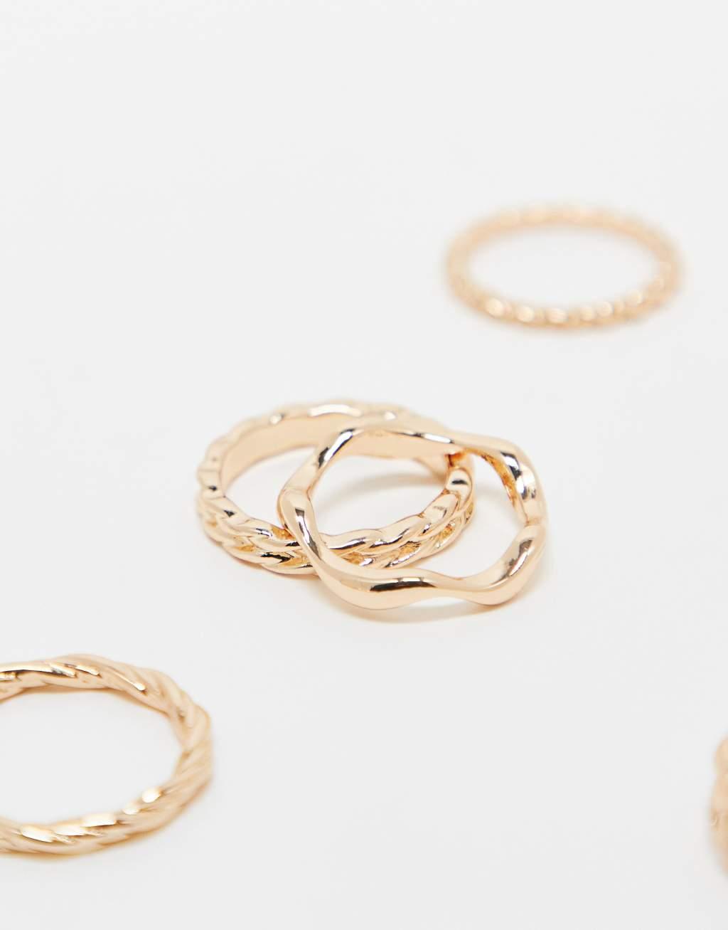 ASOS DESIGN pack of 5 rings with weave detail in gold tone Product Image