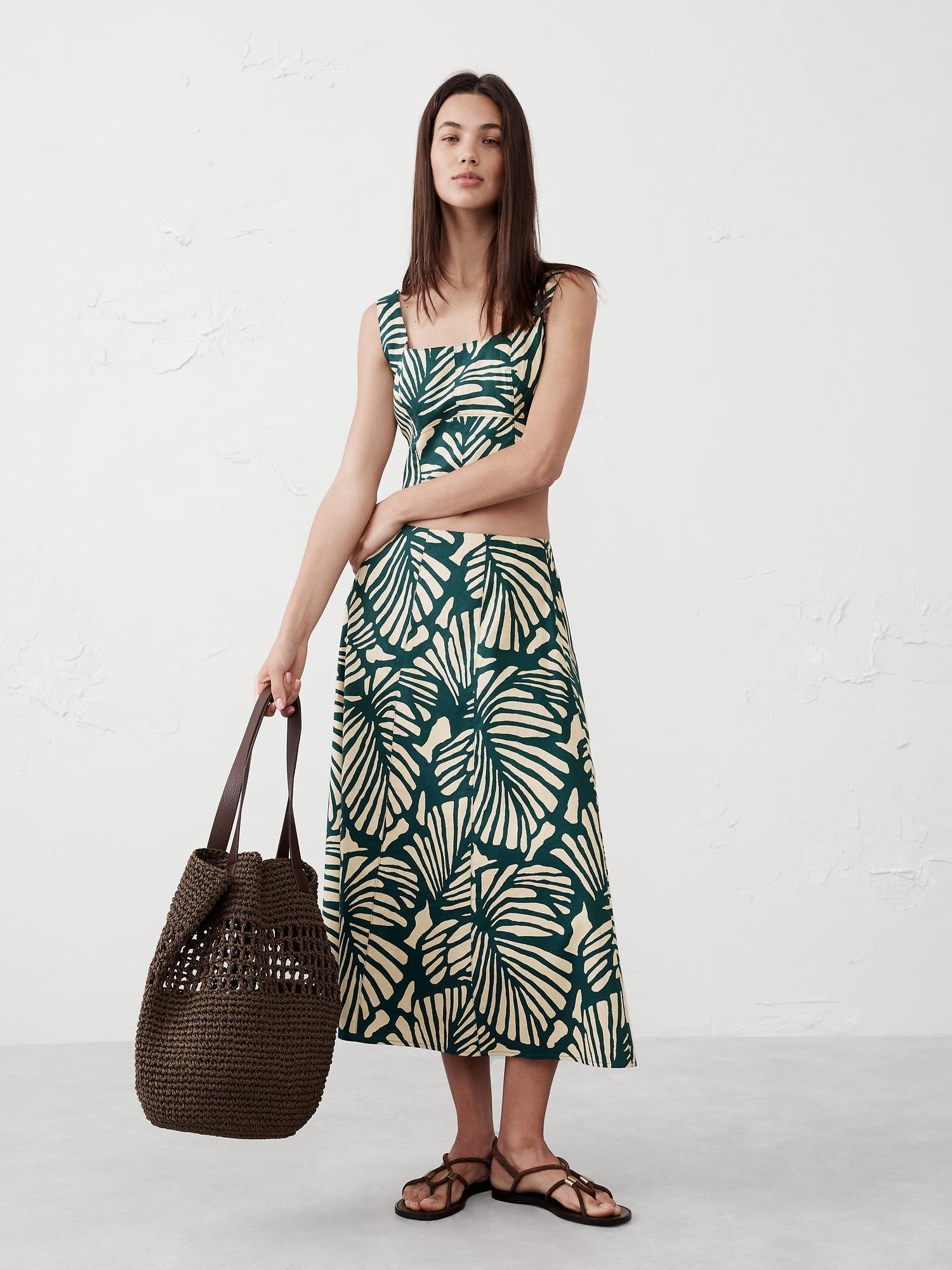 Linen-Blend Seamed Midi Skirt Product Image