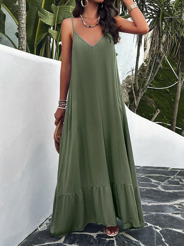 Loose Sleeveless Pleated Solid Color Split-Joint Spaghetti-Neck Maxi Dresses Product Image