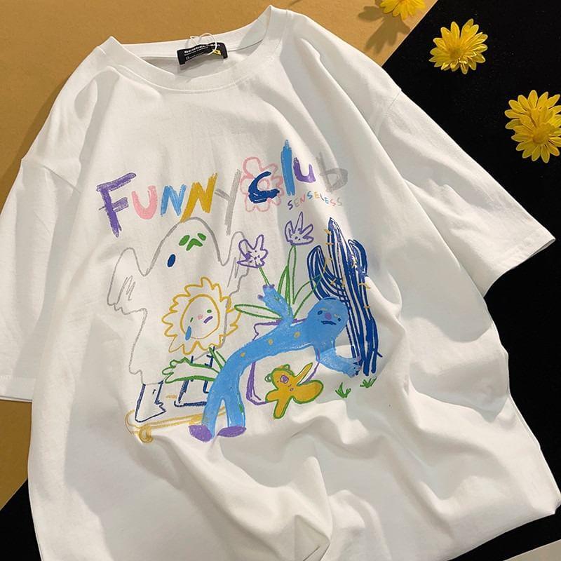 Short-Sleeve Crew Neck Cartoon Print Tee Product Image