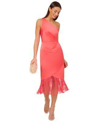 Adrianna by Adrianna Papell Womens Fringe One-Shoulder Midi Dress Product Image