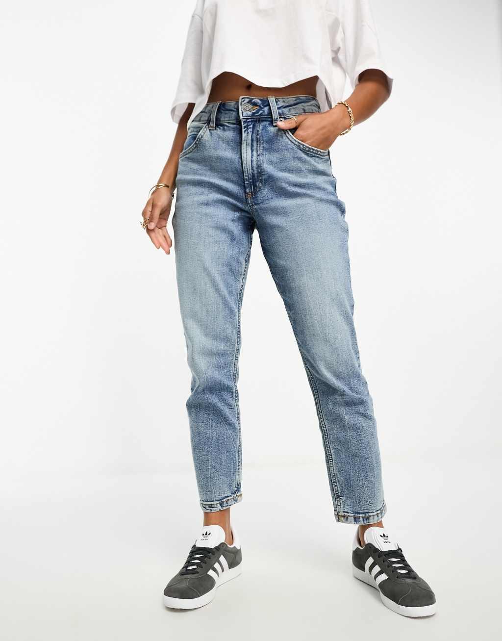 ASOS DESIGN Petite slim fit comfort mom jeans in mid blue Product Image