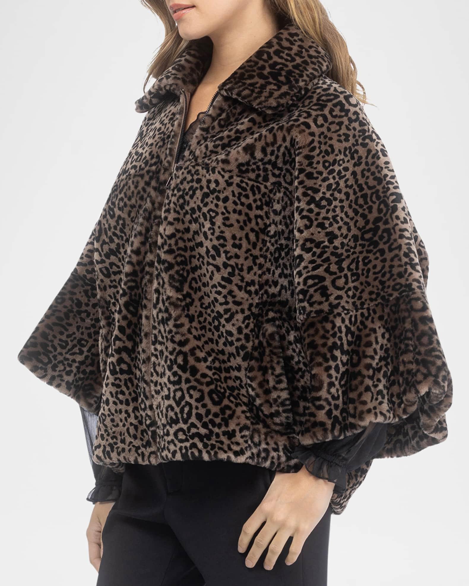 Leopard-Print Shearling Lamb Zip Jacket With Cropped Sleeves Product Image