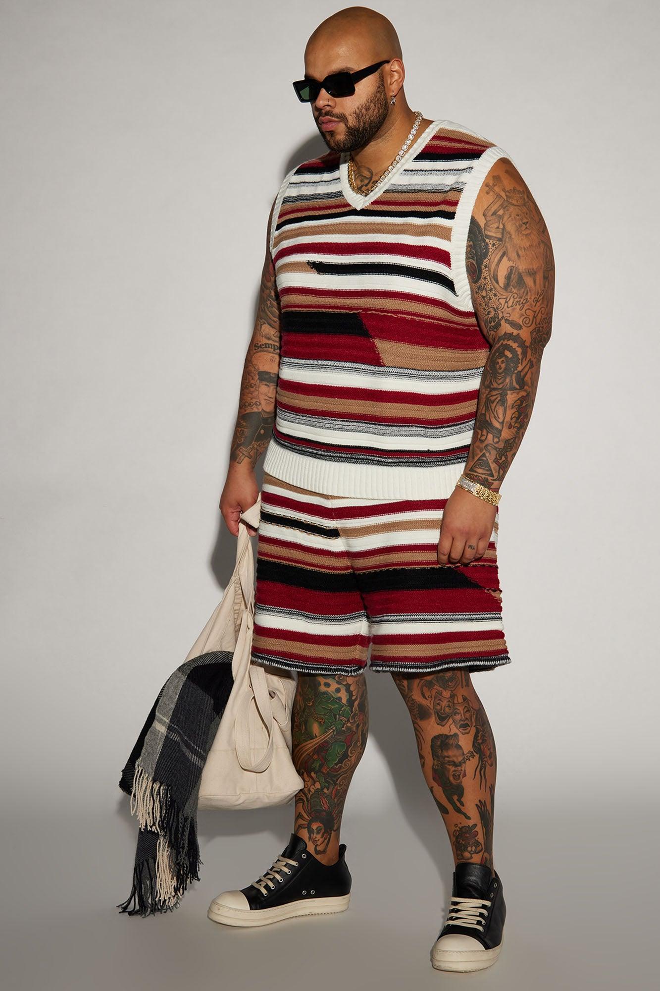 Striped Sweater Knit Shorts - Red/combo Product Image