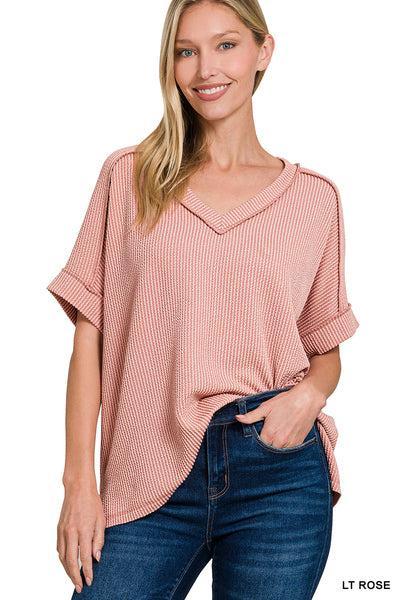 Corded V Neck Top- Grey Product Image