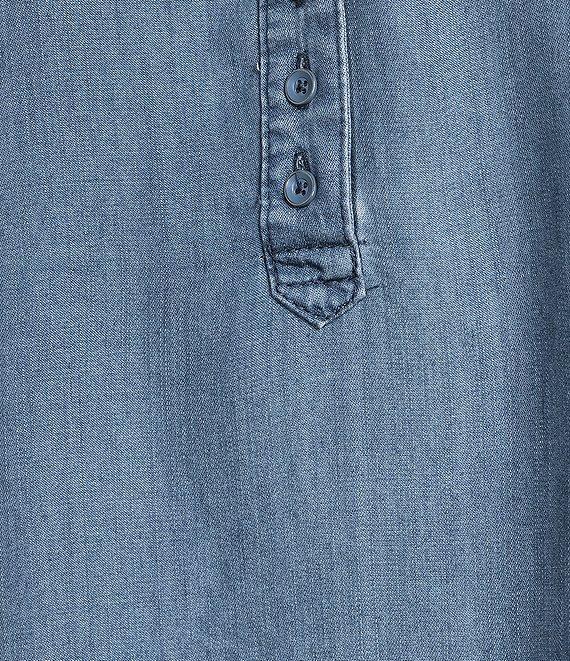 Intro Petite Size Lyocell Slub Shirred Yoke Long Roll-Tab Sleeve Shirred Popover Top Product Image