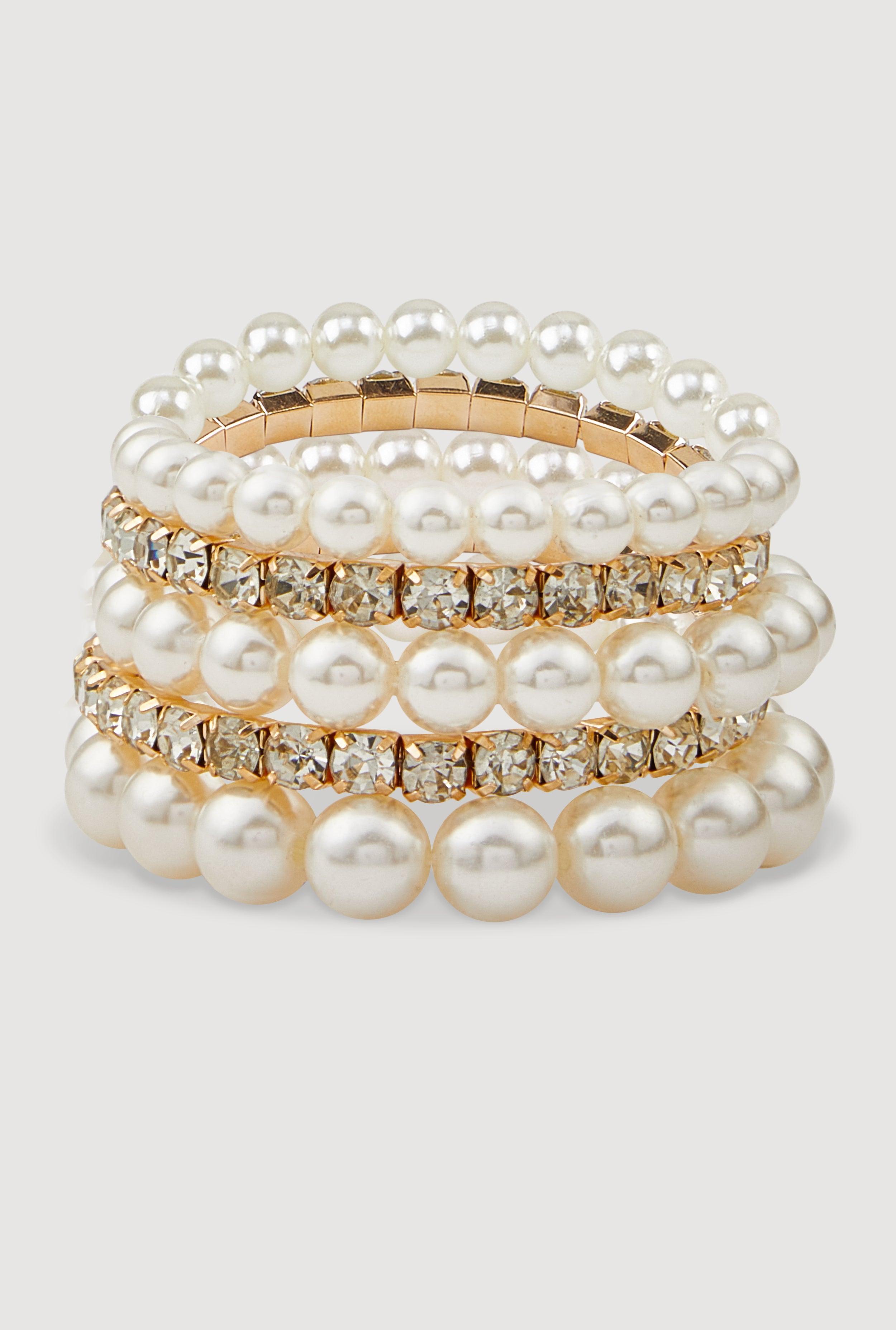 Faux Pearl Rhinestone Stretch Bracelets Set of 5 Female Product Image