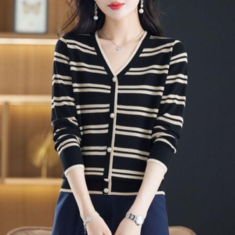 V-Neck Striped Cardigan Product Image