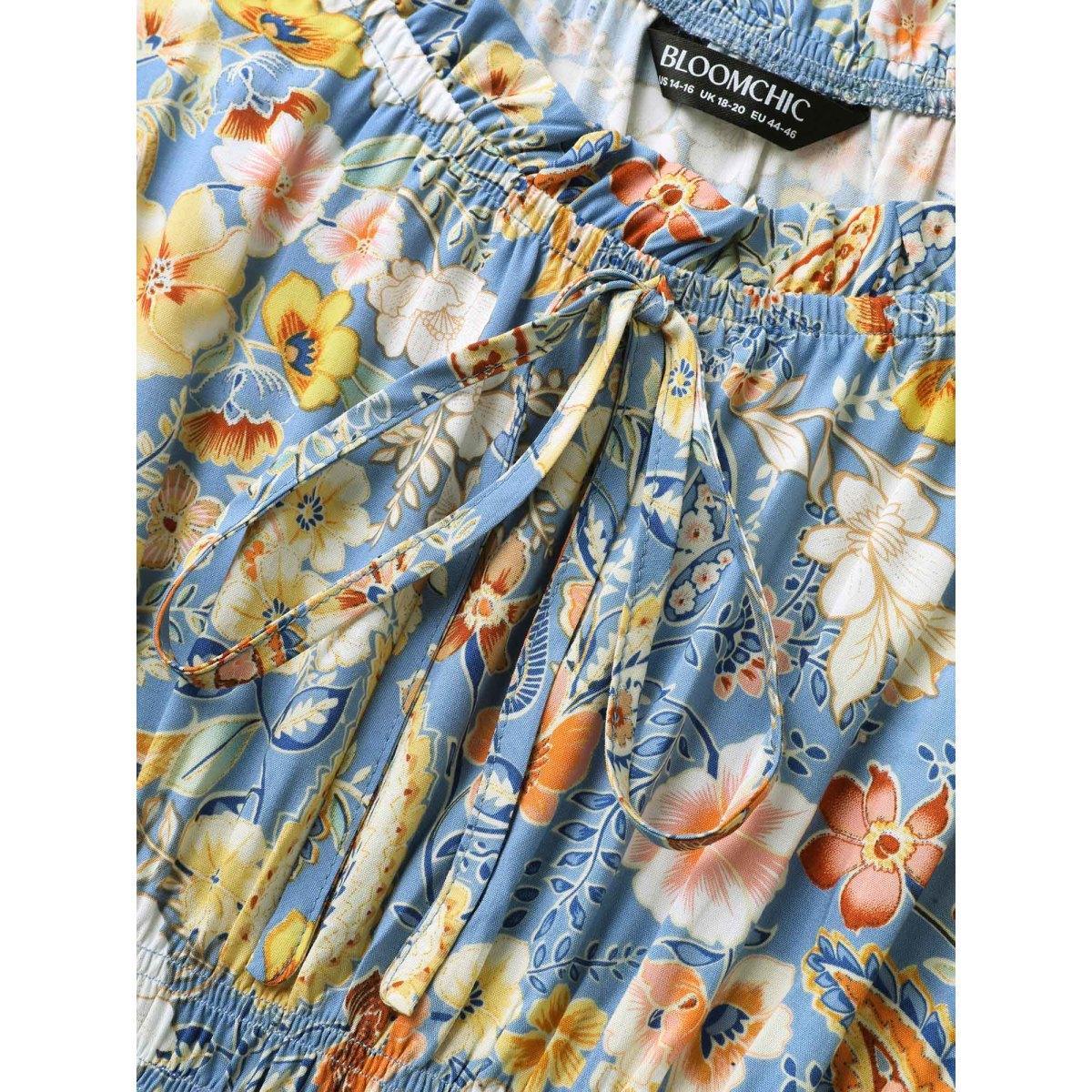 Plus Size Rayon Paisley Ruffled Shirred Waist Midi Dress Skyblue Women Boho Square Neck Short sleeve Curvy BloomChic 22-24/3X Product Image