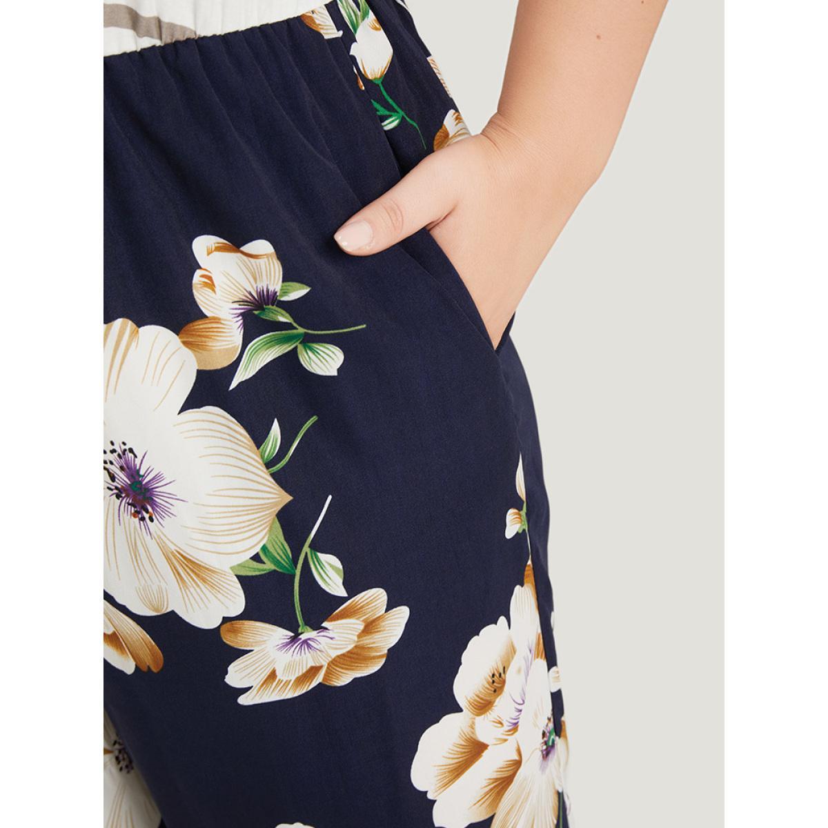 Plus Size DarkBlue Striped & Floral Patchwork Pocket Jumpsuit Women Elegant Short sleeve V-neck Dailywear Loose Jumpsuits BloomChic 28/5X Product Image
