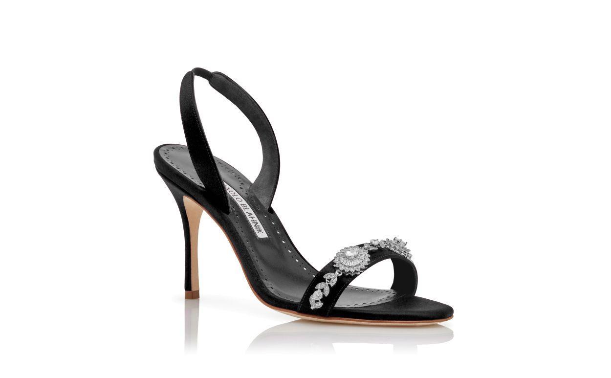 LAMISAN Black Satin Embellished Slingback Sandals Product Image