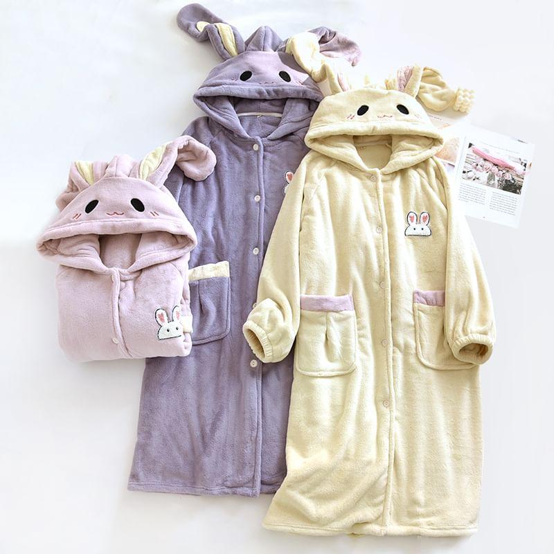 Rabbit Patterned Hood Coral Fleece Button Robe Product Image