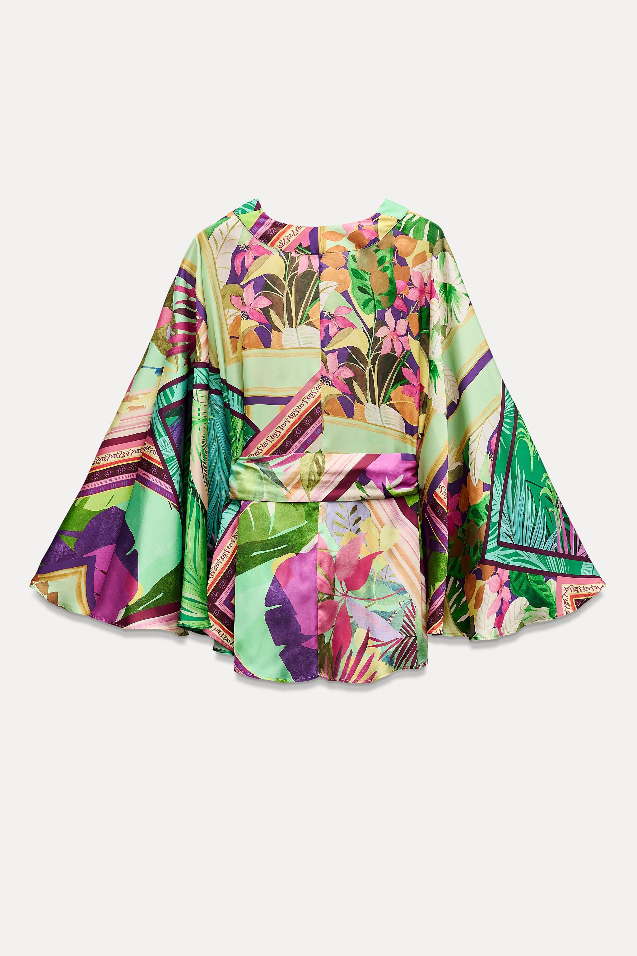 SATIN EFFECT TROPICAL PRINT KIMONO Product Image