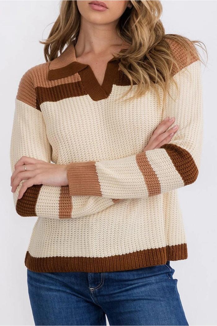 V-Neck Knit Colorblock Pullover Sweater Product Image