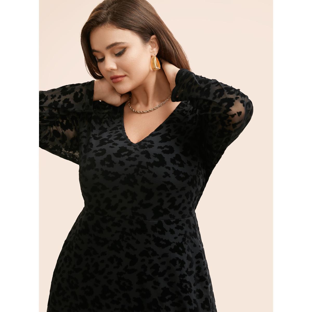 Plus Size V Neck Flocking Mesh Midi Dress Black Women Elegant Texture V-neck Long Sleeve Curvy BloomChic 18-20/2X Product Image