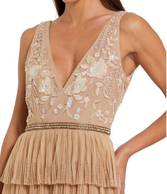Mac Duggal Beaded 3D Flower Mesh Plunging V-Neck Embellished Waist Tiered Ruffle Column Gown Product Image