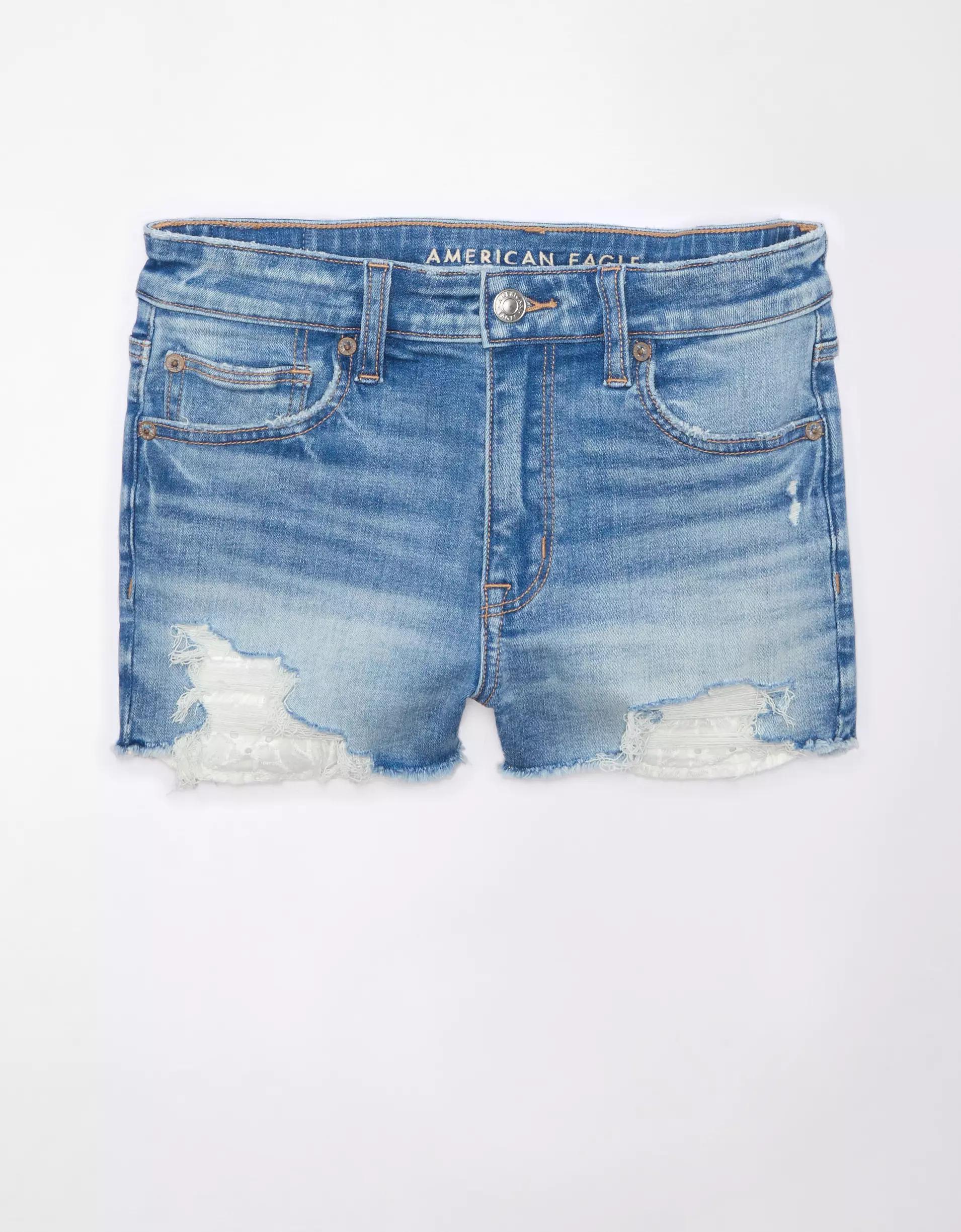 AE Next Level High-Waisted Ripped Denim Short Short Product Image