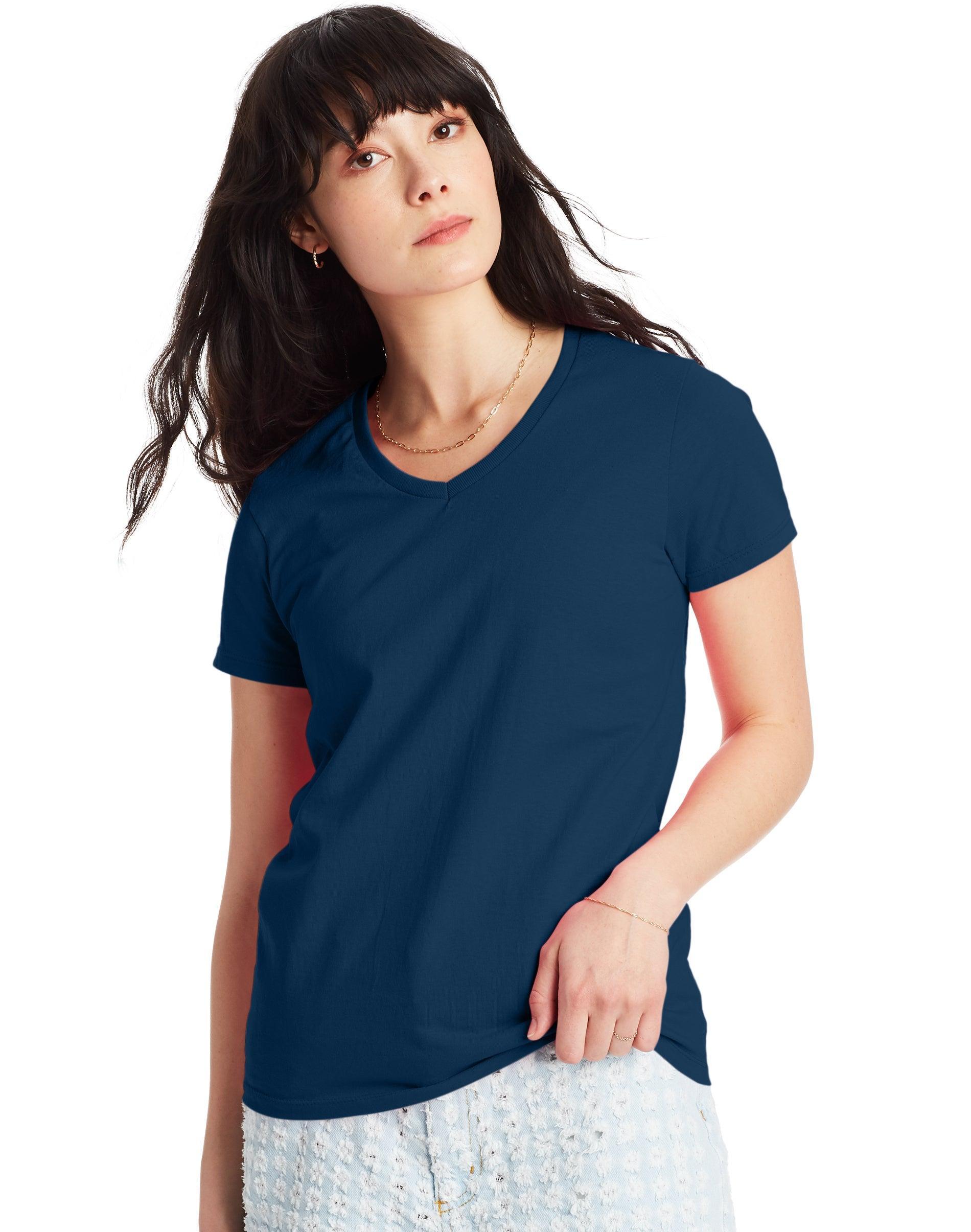 Hanes Essentials Womens Cotton V-Neck T-Shirt Deep Royal M Product Image