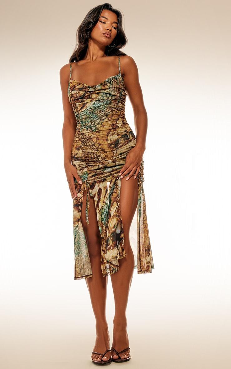 Multi Abstract Snake Print Double Layer Mesh Cowl Midi Dress Product Image