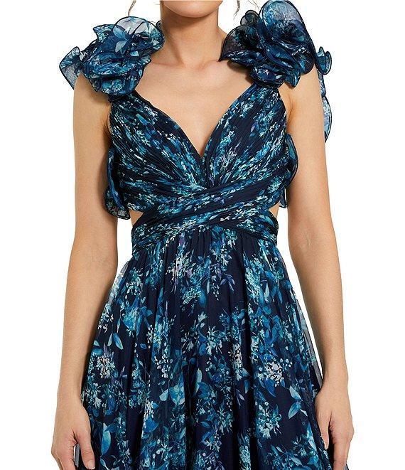 Mac Duggal Floral Chiffon V-Neck Sleeveless Ruffle Shoulder Side Cut-Out Gown Product Image