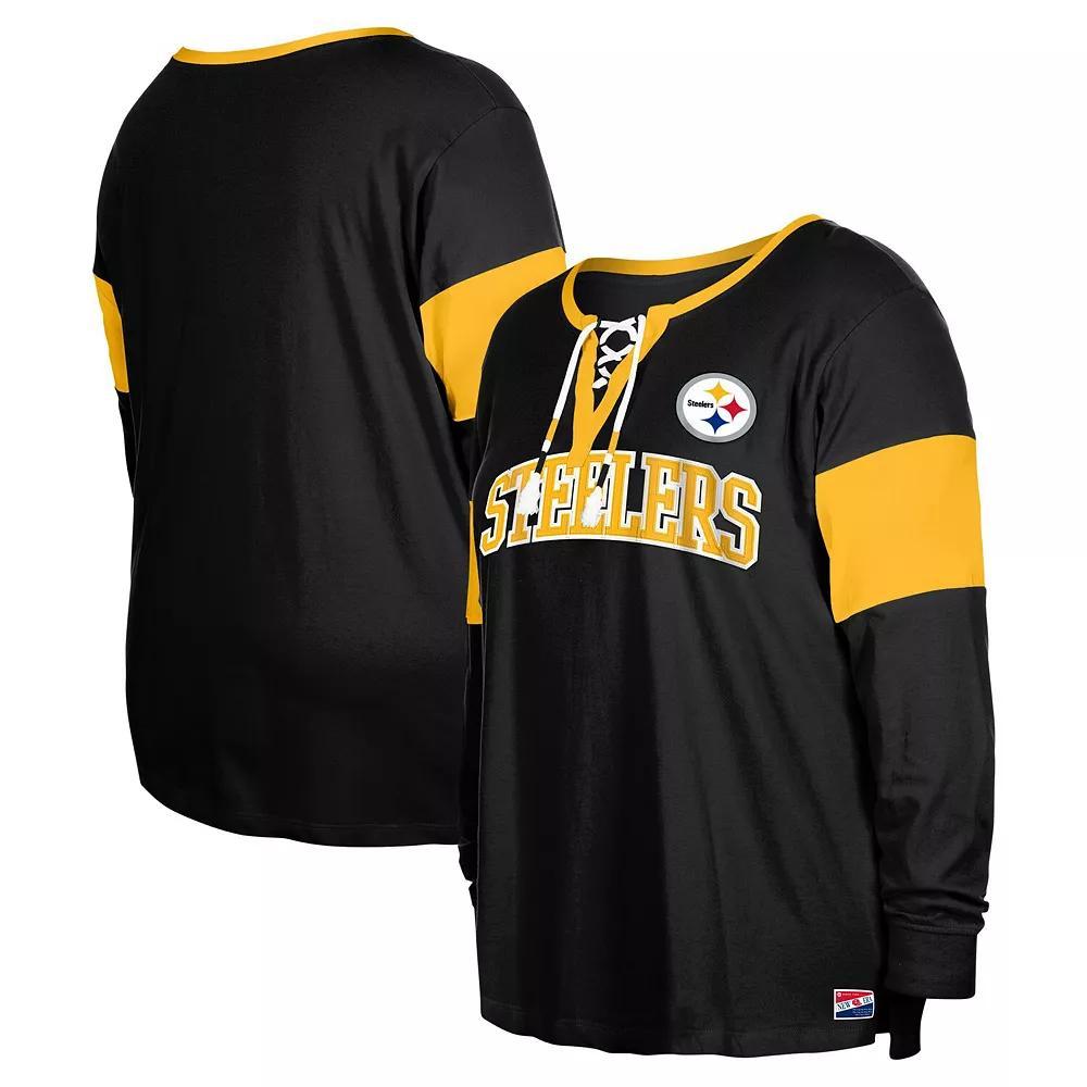 Women's New Era Black Pittsburgh Steelers Plus Size Lace-Up Notch Neck Long Sleeve T-Shirt, Size: 1XL Product Image