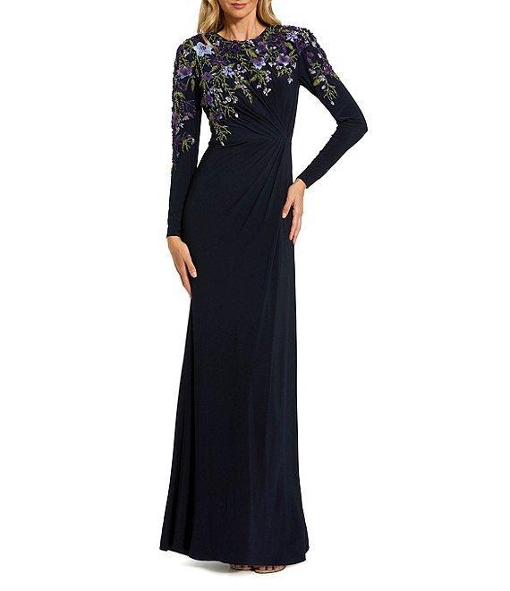 Mac Duggal Floral Embellished Knit Crew Neck Long Sleeve Gathered Side Gown Product Image