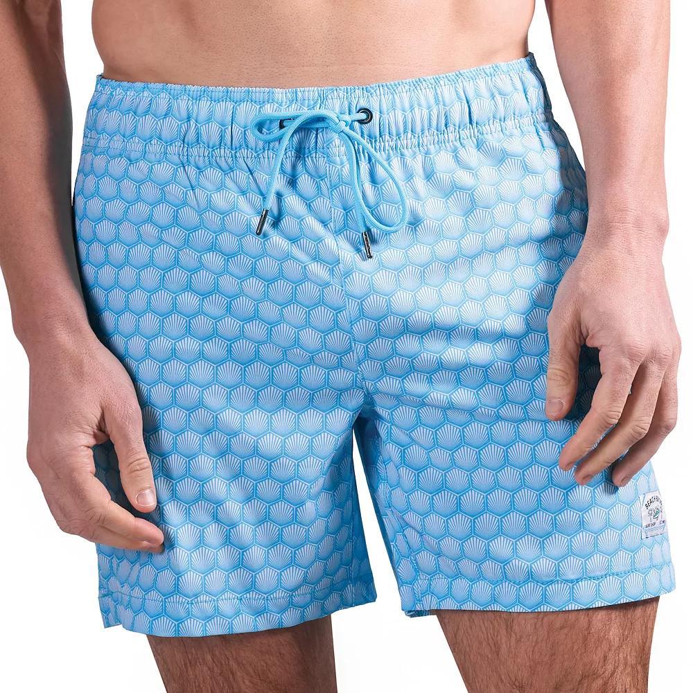 Men's Beach Bros 6.5-Inch Blue Shell Print 4-Way Stretch Mesh Lined Swim Trunks, Size: Small Product Image