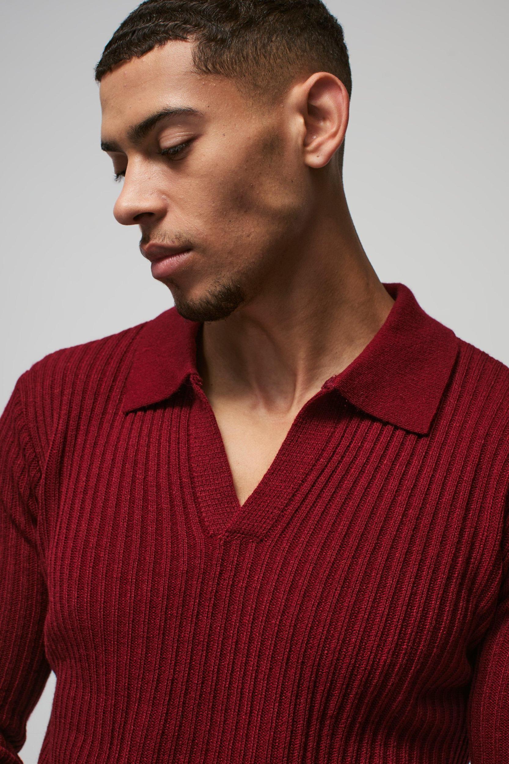 Regular Fit Ribbed V Neck Collar Knitted Polo | boohooMAN USA Product Image
