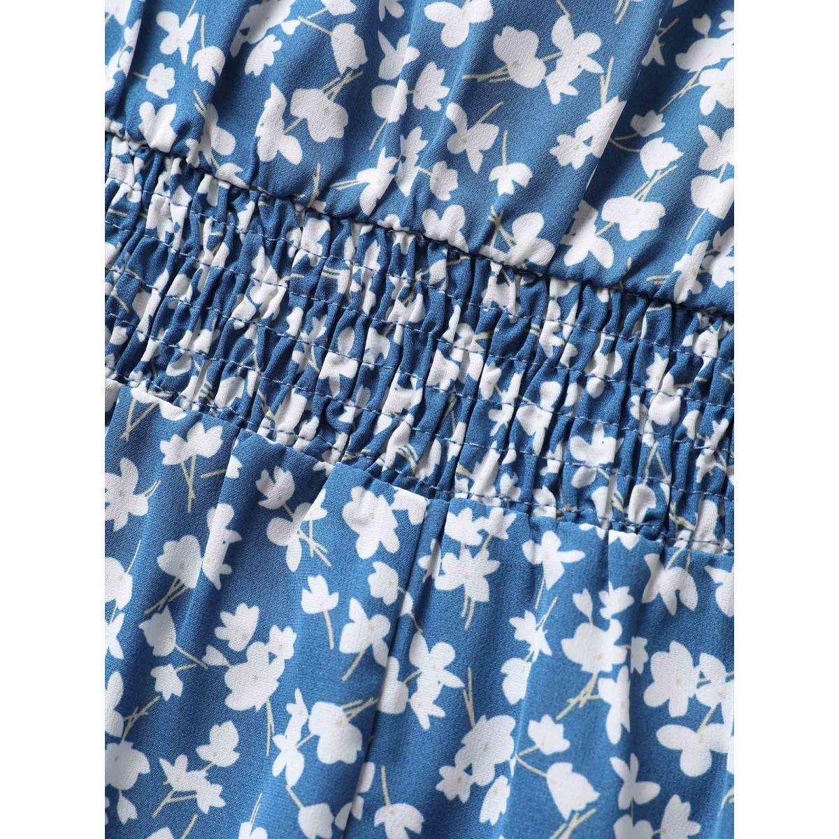 Plus Size Square Neck Ditsy Floral Shirred Dress Blue Women Elegant Shirred Square Neck Sleeveless Curvy BloomChic 18-20/2X Product Image