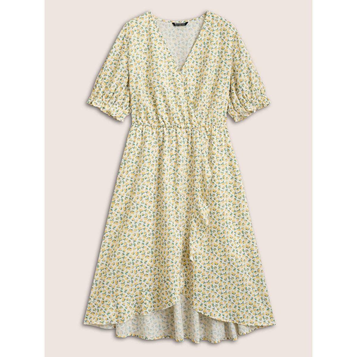 Plus Size Citrus Lemon Print Overlap Collar Lantern Sleeve Dress Yellow Women Elegant Overlapping Overlap Collar Short sleeve Curvy Midi Dress BloomChic 18-20/2X Product Image