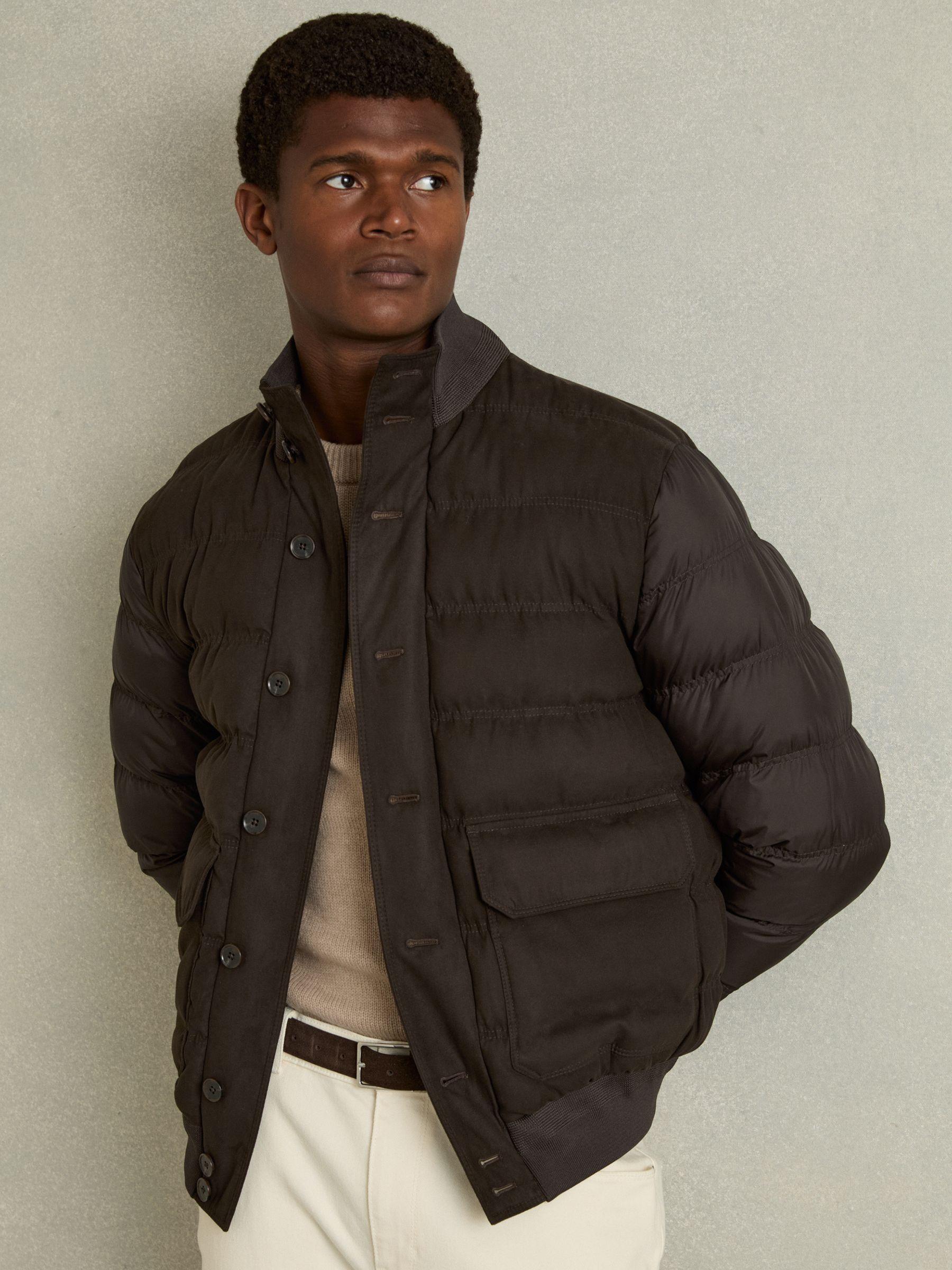 Patch-Pocket Quilted-Alcantara Jacket in Chocolate Brown Product Image