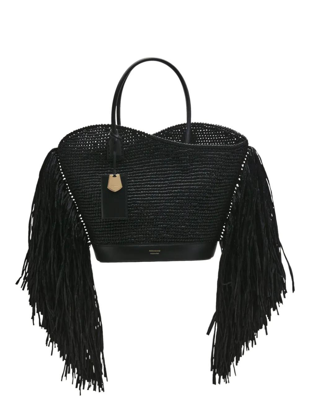 FERRAGAMO Fringed Raffia Tote Bag In Nero Product Image