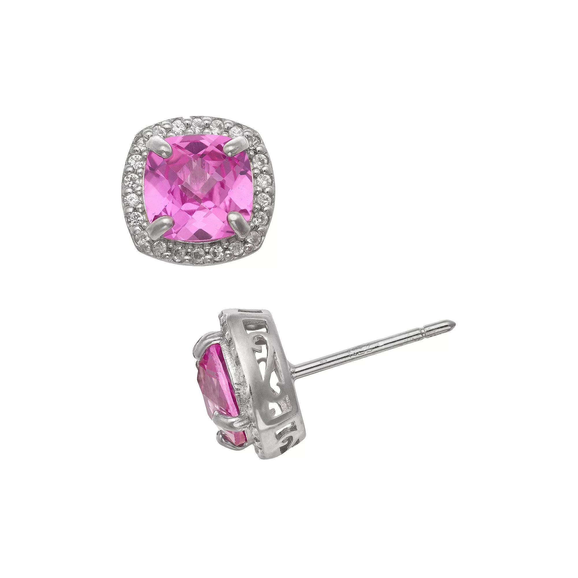 Sterling Silver Lab-Created Pink and White Sapphire Halo Stud Earrings, Women's, Multi Product Image