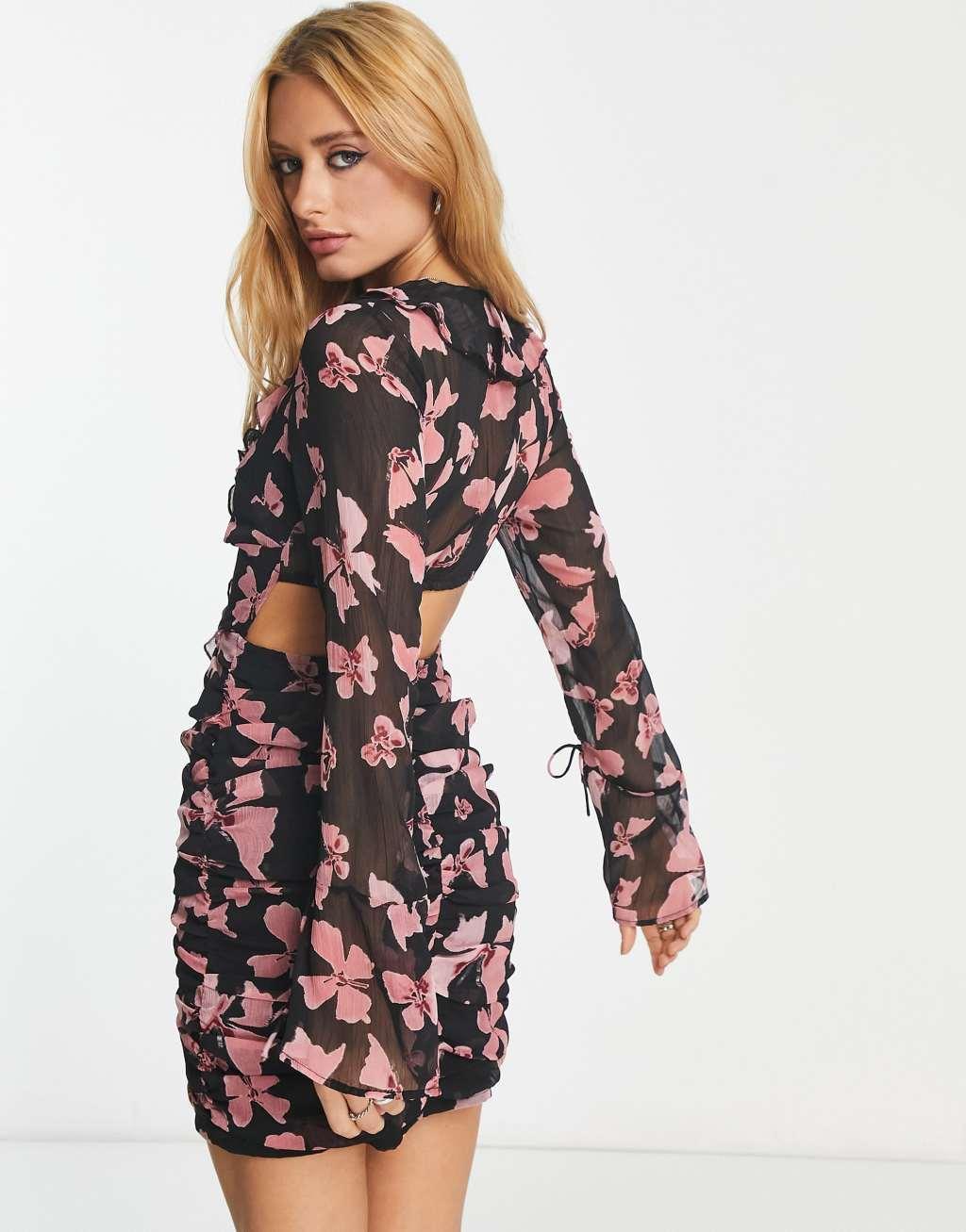 ASOS DESIGN ruched mini dress with fluted sleeves in butterfly print Product Image