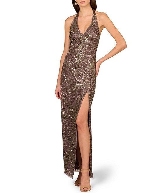 Aidan Mattox Beaded Mesh Halter Neck Sleeveless Front Slit Column Dress Product Image