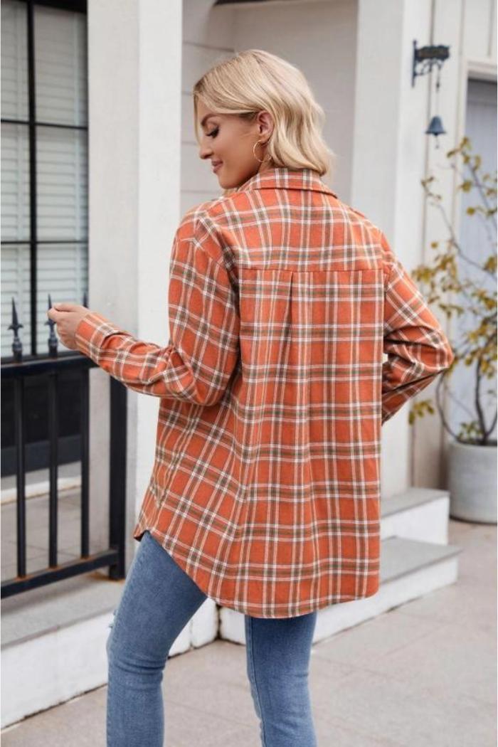 Women's New Casual Fashion Loose Plaid Pocket Shirt Female Product Image