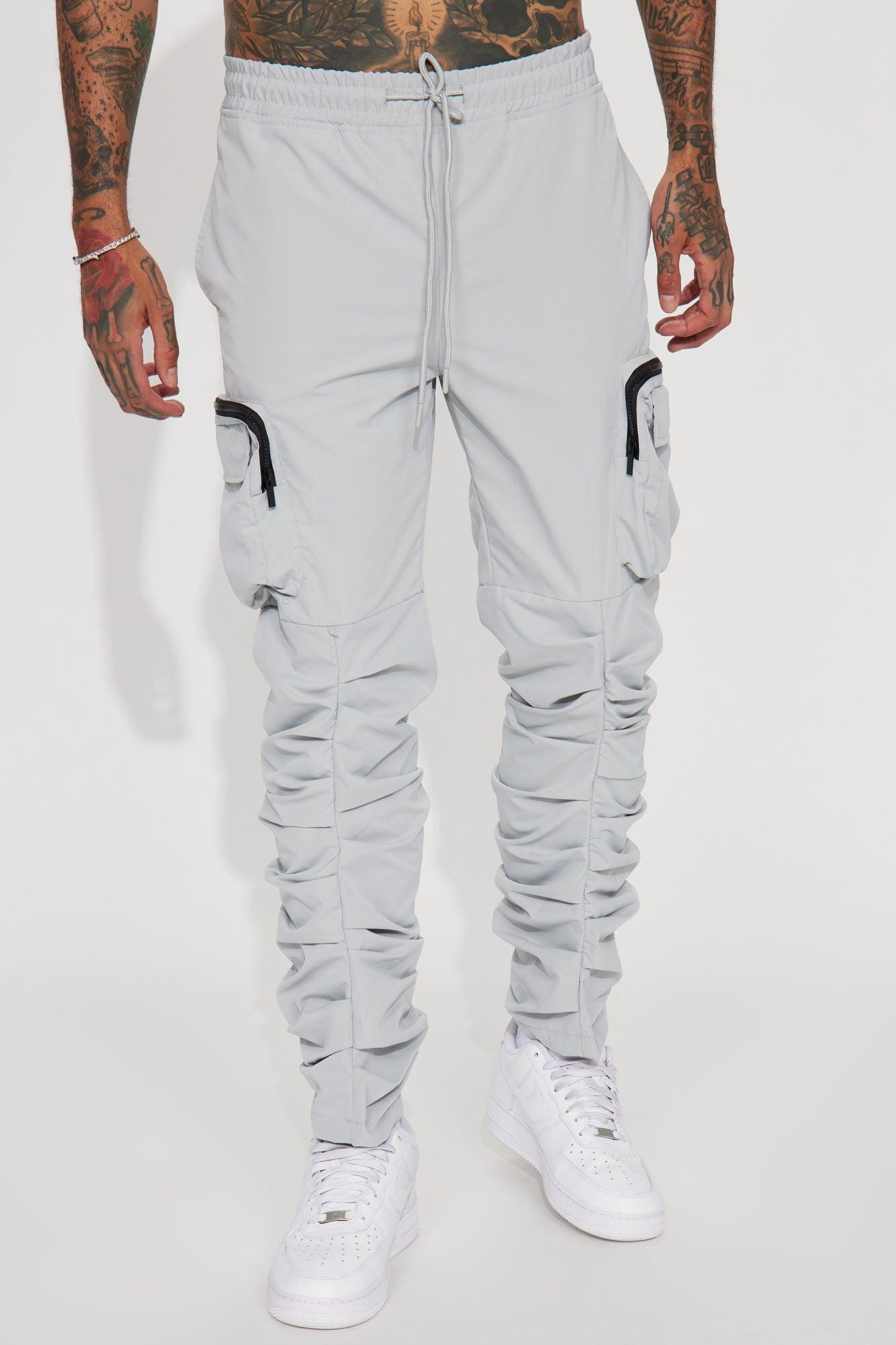 Stacked Ruched Nylon Cargo Pants - Grey Product Image
