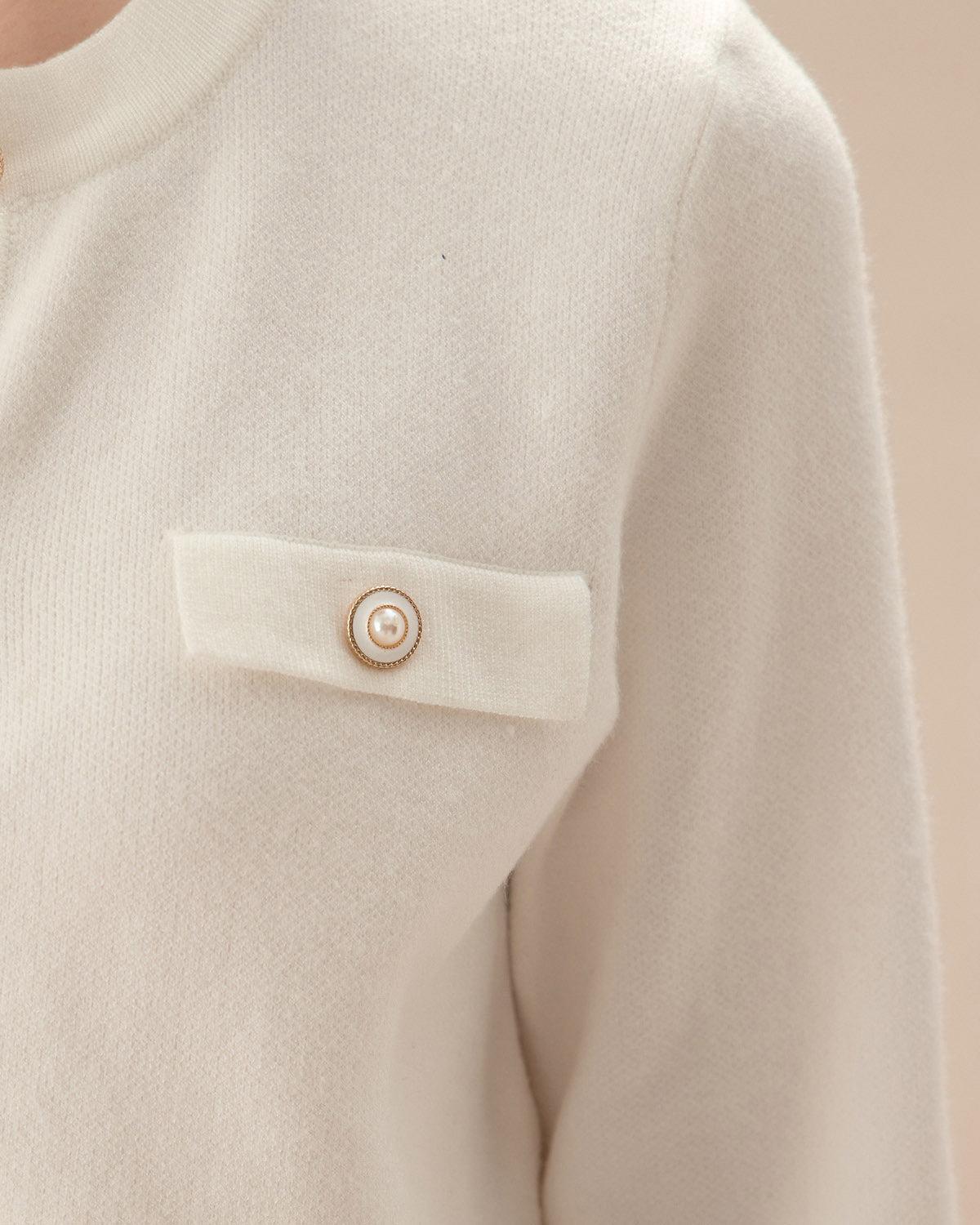 White Single Breasted Knit Cardigan Product Image