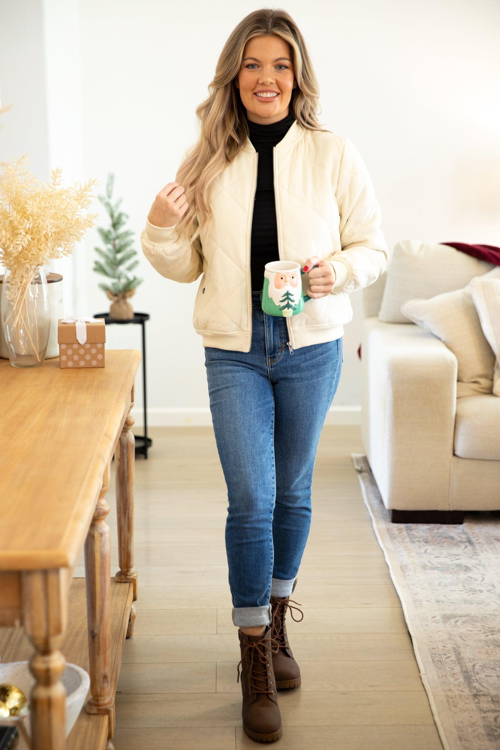 Cream Quilted Bomber Jacket Product Image