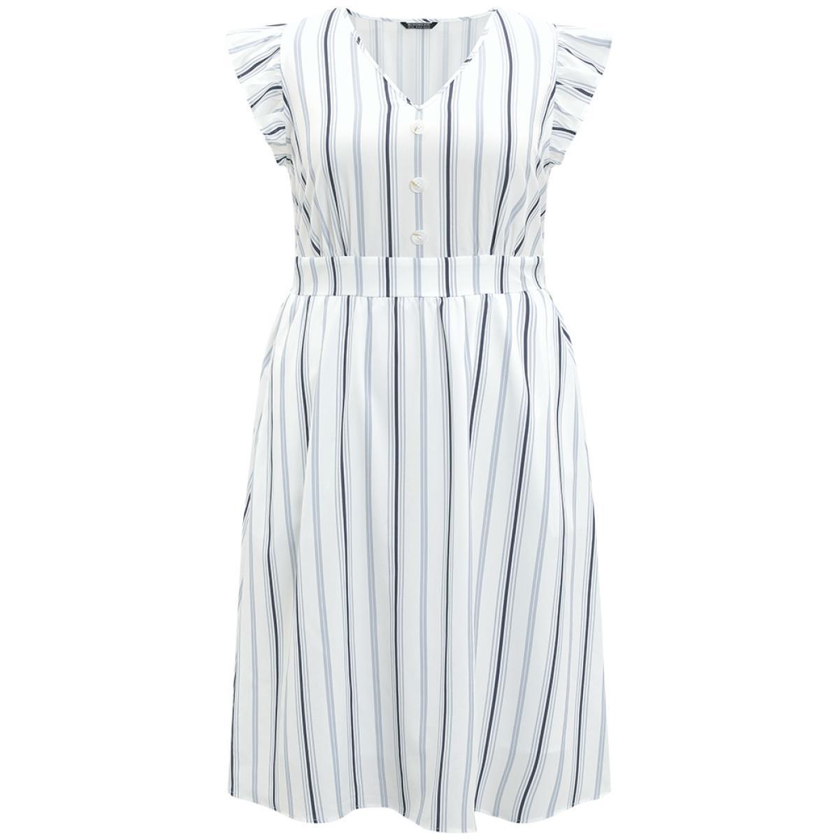 Plus Size Striped Ruffle Cap Sleeve Button Detail Wideband Waist Dress Multicolor Women Elegant Elastic Waist V-neck Cap Sleeve Curvy Midi Dress BloomChic 14-16/1X Product Image