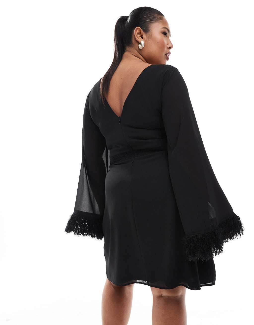 TFNC Plus long sleeve mini dress with faux feather cuffs in black Product Image