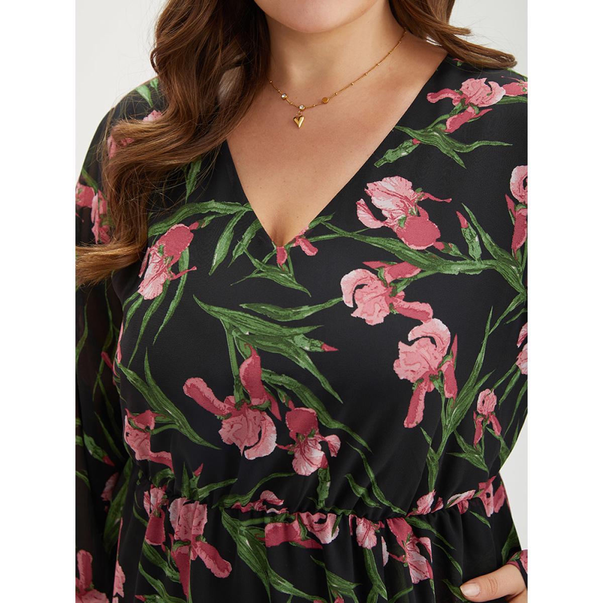 Plus Size Floral Print Chiffon Split Side Elastic Waist Dress Black Women Elegant Printed V-neck Long Sleeve Curvy Midi Dress BloomChic 12/L Product Image