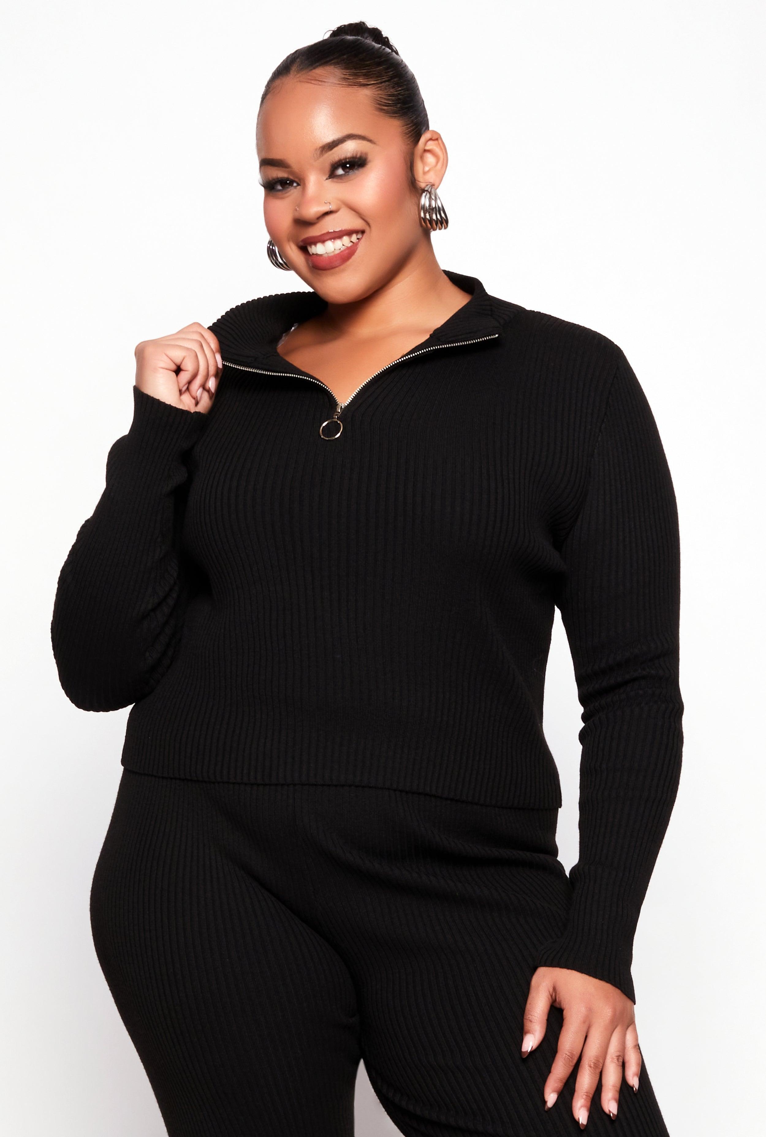 Womens Plus Size Ribbed Knit Zip Neck Sweater Product Image