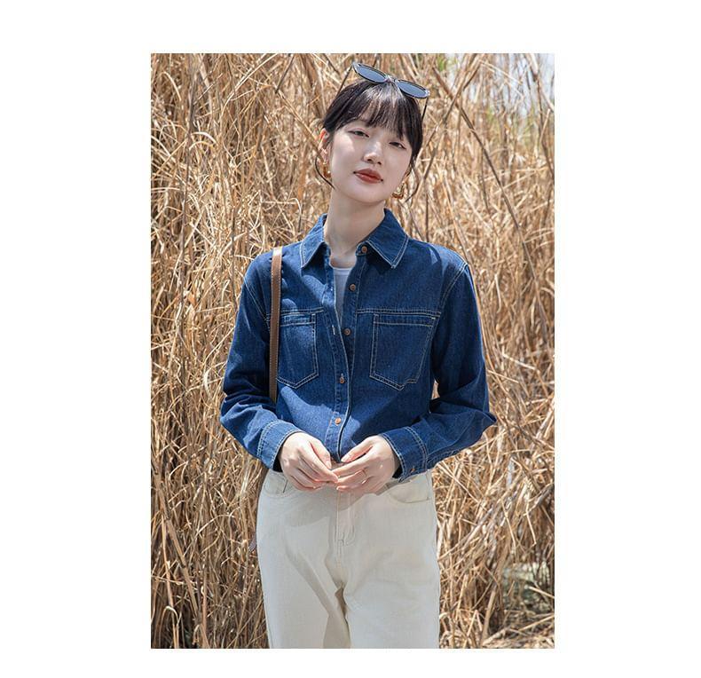 Long-Sleeve Washed Button-Up Denim Shirt Product Image