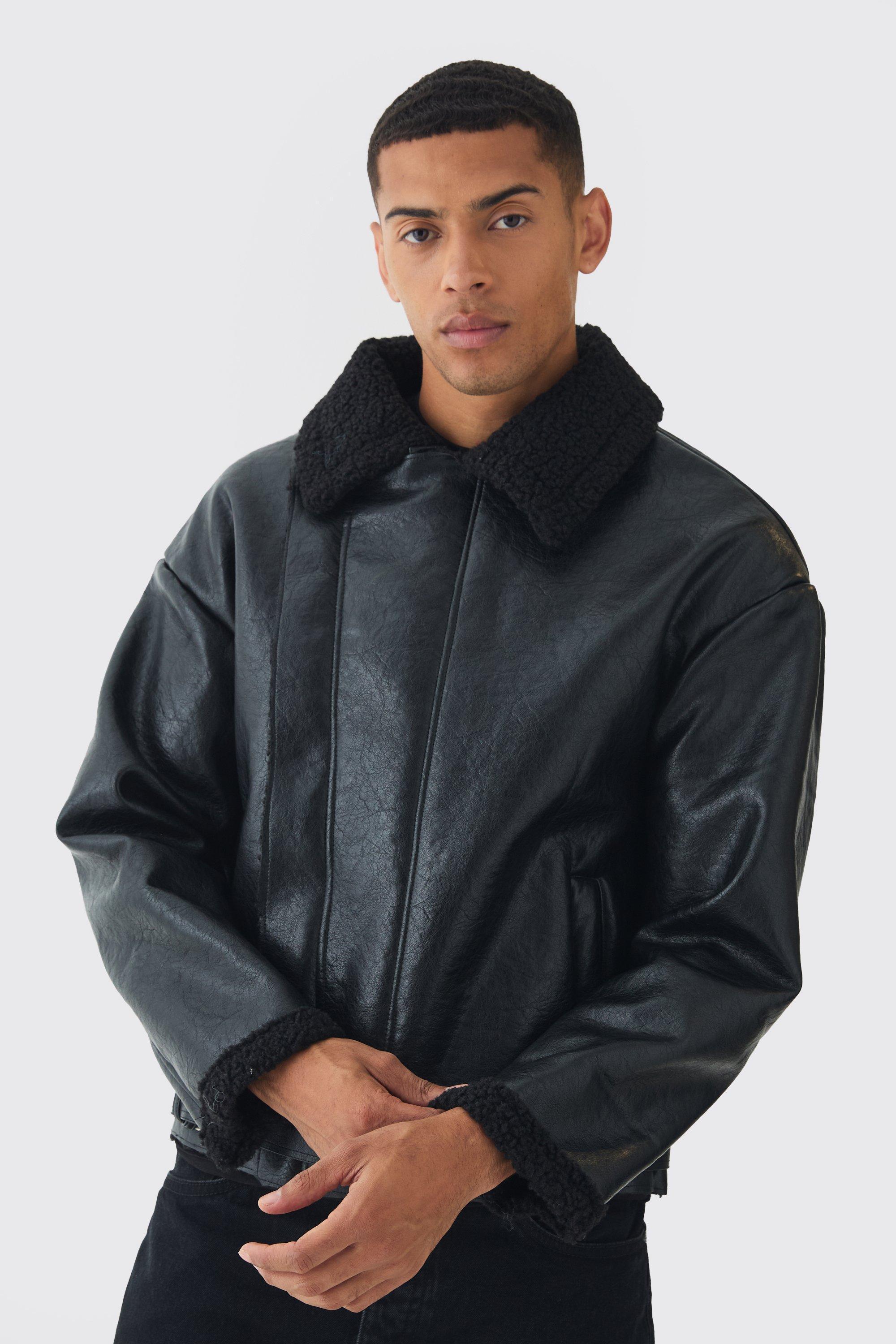 Oversized Boxy Pu Aviator Jacket In Black | boohooMAN USA Product Image