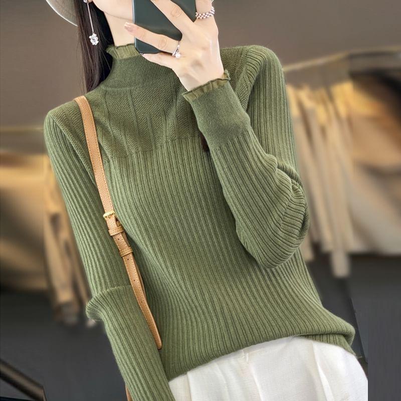 Long-Sleeve Mock Neck Plain Knit Top Product Image